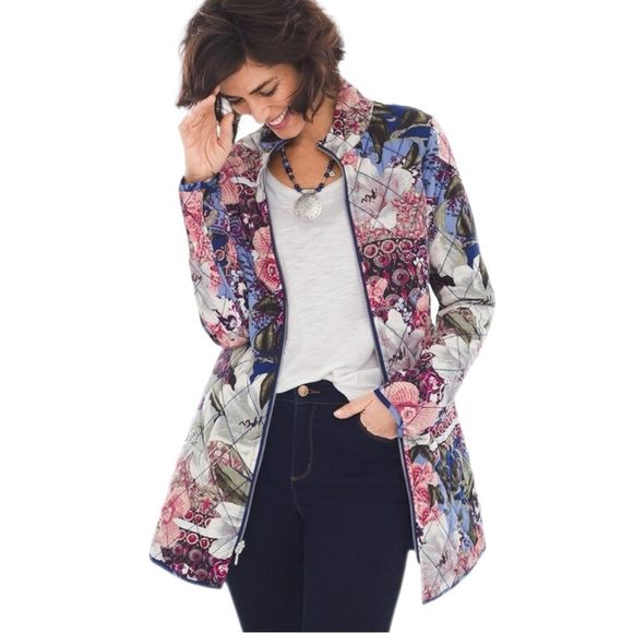 Chico's Reversible Blue Floral-Multi-Colored Floral Quilted Jacket - Size Large - Picture 1 of 10